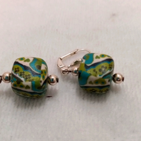 Dangles W/ Hearts & Flowers, Green, Blue, White Squares with Lobster Clasp - Picture 4 of 5